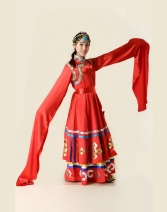 批发藏族大红色成人舞台服 民族头饰女性连衣裙 个性手工制表演服